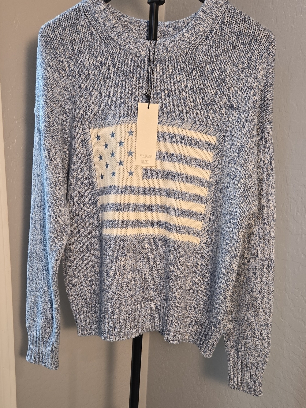 Rachel Zoe Knit American Flag 100% Cotton Sweater Blue White NWT